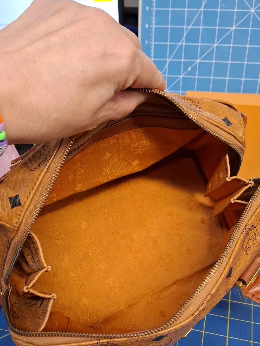 MCM Cognac Visetos Monogram Satchel Gold Hardware Removable Adj Strap Preloved